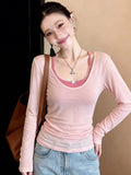 Pink U-Neck Front Shoulder Sunscreen Long-Sleeved T-Shirt Women Summer With Slings Out Two Sets Of Tulle Air Conditioning Tops