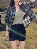 Vintage British Style Green Plaid Shirt Coat Women's Spring And Autumn Leisure Free And Loose Long Folding Shirt
