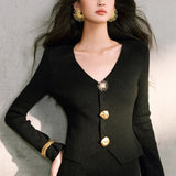 Luxury Shiny Silk Mordell Double-Sided Knitting | Irregular Metal Buckle Body V-Neck Knitting Set