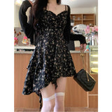 Large-Size Women's French Floral Sling Dress Summer Fat Mm Irregular Thin Black Dress