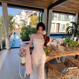 Early Autumn New French Romantic Pink Floral Sling Dress Women's 2025 Summer Mesh To Close The Waist Open Fork Mid-Long Dress