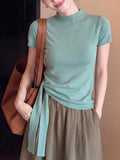 Korean Mint Green Tie Knitted Short-Sleeved T-Shirt Women's Summer High Sense Unique Beautiful Big Look Top
