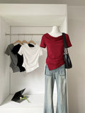 Vintage Irregular Short-Sleeved T-Shirt Red Summer New Fashion Slim Temperament Topess Women Ins Trend