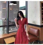 New Women's French Retro Orange Truss Dress Medium Long V To Receive Thin Dress Women's Lace French Elegance