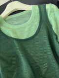 Close Your Eyes Into The Series! Forest Green Fake Two Short-Sleeved Summer Round Neck Thin High-End Temperament Unique Top