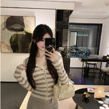 Pure Desire Is The Spring And Autumn And Winter New Korean Women Striped Hooded Sun Knitted Cardigan Girl Small Zipper Long-Sleeved Women's Clothing