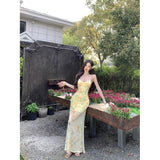 Purely Want Holiday Style Yellow Broken Flower Hanging Dress Women Summer Bare Back Strap To Close The Waist Net Yarn Fishtail Long Skirt