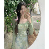 EI Yao [Flowering Half Summer] New Chinese Retro Floral Dress Women's Summer Sling Skirt Two-Piece