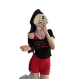 5089 # People Cotton Pure Want To Fake Two Shoulders Short-Sleeved T-Shirts 2025 Summer Slim Sweet Waist Top