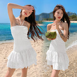 2026 French Hepburn Style Chic Embroidery Hollow Waist Repair Slim Thin Chest Lotus Leaf Wavy Dress Dress