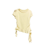 Korean Irregular Lotus Leaf Side Design Sense Short-Sleeved T-Shirt Girls Summer New Slimmed-In Beautiful Tibetan Blouse