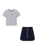 Positive Shoulder Short-Sleeved T-Shirt Women's Summer Simple Gray Short-Scar Casual Dress Tibetan Blue Dress Two Sets