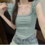 5051 #Summer Cotton Small Fresh Square Wooden Ear To Reduce The Age Of Small Flying Sleeve Bow Design Short-Sleeved T-Shirt