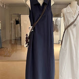 Simple Generous Polo Collar Sleeveless Dress Women's Summer Daily Loose Temperament Vest Skirt Loose White Dress