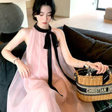 New French Gentle Wind Ins Loose-Tape Dress Sleeveless Sweet Birthday Seaside Vacation Dress