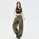 New Army Green Vintage Design Sense Big Pocket Knife Jeans Women's Drag Broad Legs