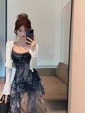 Pure-Want Hottie Cross-Dress Irregular Print Sling Dress Women Summer Wearing Thin Short Skirt