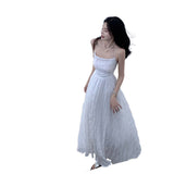 2025 Super Fairy Summer Wave Blue Pure Desire Holiday Windy Back Dress To Collect The Waist Thin Skirt Slings Long