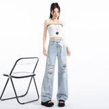 (No Belt) 2025 Summer Explosion Heavy Industry Lace Ripped Jeans Women High Waist Thin Korean Version Fashion Print