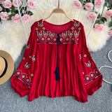 Spring Dress 2025 Holiday National Style Retro Heavy Industry Embroidery Flowers Ocean Gas Lantern Sleeve Loose Blouse Tide