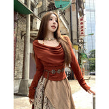 Xinjiang Sichuan West Tourism Wear Set Two Sets Of One-Word Shoulder Hanging Neck Long-Sleeved Shirt + Folding Retro Lattice Skirt
