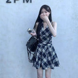 Black And White Lattice V-Neck Hanging Neck With Dress Women's Spring And Summer 2025 New Waist-Skinny A-Word Skirt