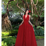 2025 Retro Red Elegant Hanging Neck Dress Back Sunset Dress Seaside Holiday Atmosphere Feel Long