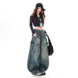 Vintage Autumn And Winter Multi-Bag Rewashing Waterwork Casual Drag Jeans Neutral Style Men And Women