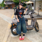 YC&2 Color Retro High-Rise Seven-Point Trousers High Street Trousers Wide Leg Pants Summer Straight Jeans Woman