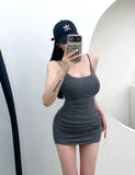9114 #People Cotton-Buffed Dress Women's Dress Black Sexy Sleeveless Tight Bottom Slings Slings Short Skirts