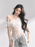 New Sexy Hottie Screen Perspective Irregular Slings Pure Want To Be Careful Machine Thin Short-Sleeved Girl T-Shirt