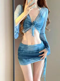 Blue Tie-Dye Four-Piece Swimsuit Women's Net Yarn Long-Sleeved Jersey Sleeves Jersey Bikini Beach Swimsuit