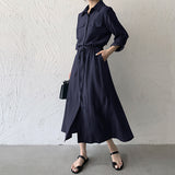 Real Shooting Japanese And Korean Fashion Dress Women's Double Pocket Long Sleeve Long Casual Collar Dress Shirt Dress 7 Colors