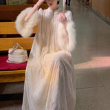Heavy Industry Press Lace Fox Hairy Dress Women's New Chinese Court Loose Dress In Autumn And Winter