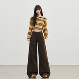 Coffee Color Retro Babes Split Jeans Female Straight Barrel Thin Loose Broad Leg Trousers