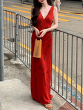 Rose Red V-Necked Dresses Women's Summer Cash Bags Vacation Dresses Women's Summer Dresses