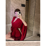 High-Grade Acetic Acid-Sinated Red Dress Woman With Short Broad-Sleeved Hairy Nightgown Wedding Morning Robe