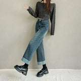 Autumn High-Waisted Ripping Elastic Straight Jeans Women's Large-Size Slim Slim-Skin-Nine Trousers Small