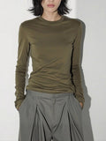 Vintage Casual Simple Texture Army Green Round-Neck Long-Sleeved T-Shirt Girl Early Autumn New Tie Bottom Shirt Top Woman