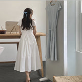 Korean Ins Temperament Simple Summer Cool Feeling Round Neck Short Sleeves With Long Dress 3 Colors