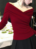 French Sweet Hottie Red Shoulder V Collar Bottom Shirt Women With Long-Sleeved T-Shirt Beautiful Blouse Autumn And Winter
