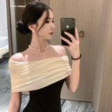 2025 New French High-End Birthday Party Dress Black And White Collage Splicing Word Shoulder Pure Lust Dress