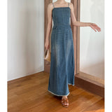 Vintage Nostalgic Temperament Behind The Open Denim Sling Dress High Waist Line Water-Washing Sling Skirt