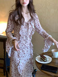 Talia Trendy Holiday Lotus Leaf Side With Horn Sleeve Open Print Dress Female French Dress