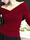 French Sweet Hottie Red Shoulder V Collar Bottom Shirt Women With Long-Sleeved T-Shirt Beautiful Blouse Autumn And Winter