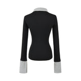 Korean Hottie Fake Two Long-Sleeved Shirt T-Shirt Spliced Fashion Pick-Up Waist Stripes Outside To Put On The Woman