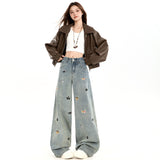 Vintage Fun Puppy Broad-Legged Jeans Women Loose Thin Straight Trousers