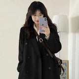 Double Buckle Black Hair This Coat Female Hepburn Wind This Coat Small Autumn Winter New Korean Retro Trend