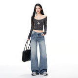 Vintage | Waterwash Crease Process | Loose-Fitting Wide-Legged Jeans Women Retro Blue Trousers