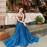 Xishuangbanna Tourism Holiday Style Wearing Suit Female Bohemian Print Blouse Blue Half-Body Dress